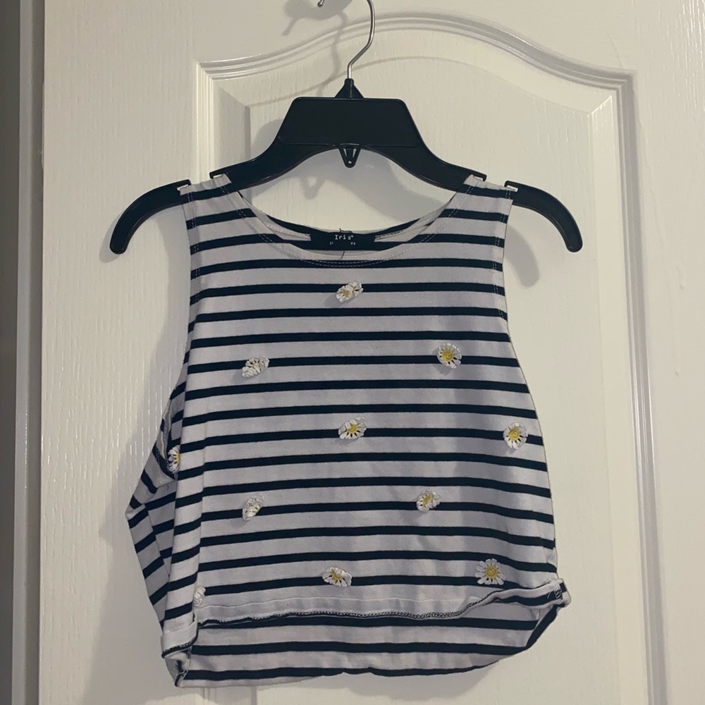 Black and white striped crop top w/ flowers detail